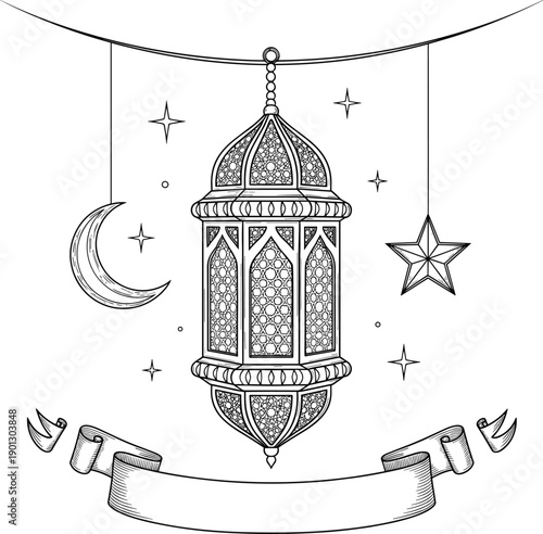 Detailed Line Art Illustration of a Hanging Ramadan Lantern with Crescent Moon Stars and Ribbon Banner for Islamic Holiday Greeting Card and Coloring Page