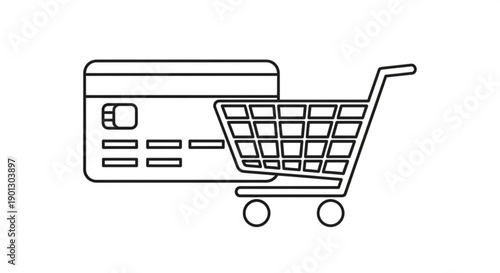 A simple line drawing of a shopping cart and a credit card