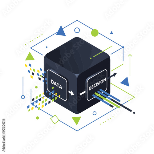Data to decision isometric illustration. Business intelligence and data processing concept. Vector graphic isolated on transparent background