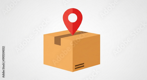 A brown cardboard box with a red location pin on top, symbolizing delivery or shipping