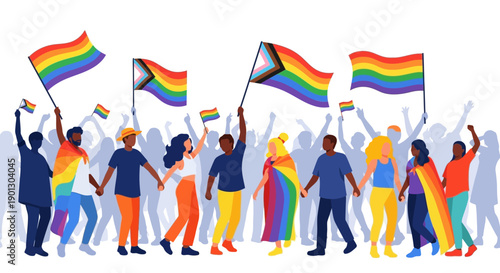Diverse group of people cheerfully marching together while proudly waving various rainbow pride flags and showing solidarity at a celebration event.