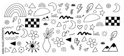 Hand-drawn black and white doodle elements set featuring nature, shapes, and trendy symbols in a playful, minimalist line art style.