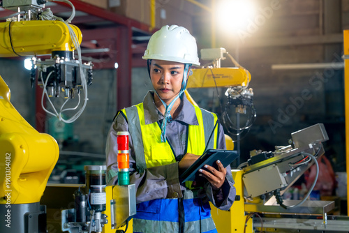 A female technician wearing a safety helmet is using a tablet next to a robotic system in an intelligent automated factory, a place for modern manufacturing engineering and safety inspections.

