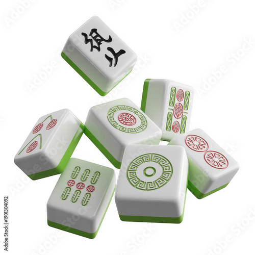 White and green mahjong tiles isolated on a transparent background
