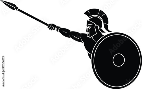 Silhouette of ancient warrior with spear and shield, symbolizing classical history, mythology, and heroic combat on white background