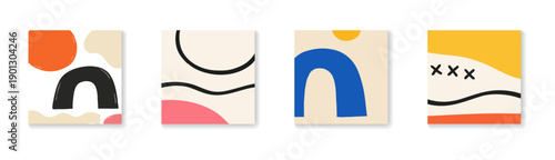 Set of four minimalist abstract square backgrounds with organic shapes, hand-drawn lines, and vibrant colors in a modern aesthetic.
