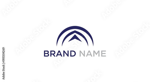 A minimalist navy blue logo featuring a stylized upward-pointing arrow encased in concentric arched lines. This modern, professional design symbolizes signal strength, connectivity, and growth.
