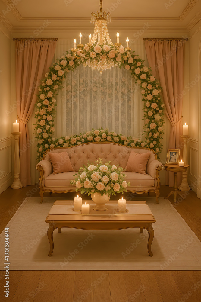 Fototapeta premium Luxurious living room decorated for a romantic celebration with elegant floral arrangements and soft lighting
