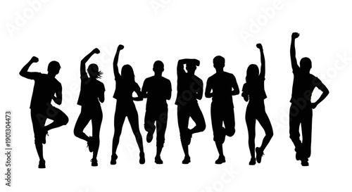 A dynamic group silhouette featuring seven energetic people celebrating success with raised fists and varied, active poses against a white backdrop.