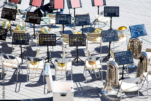 Top view of chairs music stands and musical instruments of a brass band. Music Orchestra Music Festival preparation, Moscow