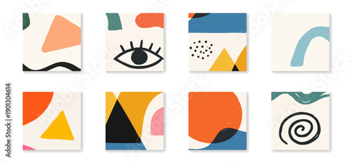 Set of eight hand-drawn abstract square illustrations with geometric shapes, organic forms, and vibrant colors in a modern minimalist style.