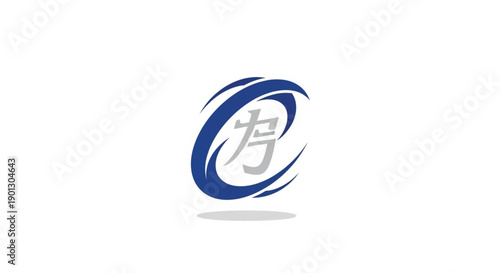 A dynamic corporate logo featuring a gray Asian character, symbolizing strength or power, encased in energetic blue swirling swooshes. This professional, abstract design represents momentum, speed.