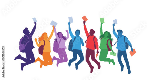 A vibrant group of diverse, colorful student silhouettes jumping joyfully while holding up successful academic papers or books high above their heads.