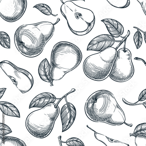Farm fresh pears seamless pattern. Vector hand drawn sketch illustration. Label package wrapping paper background design