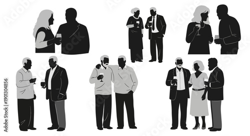 Silhouettes of diverse older adults and couples socializing together while elegantly holding wine glasses at an upscale gathering or reception event.
