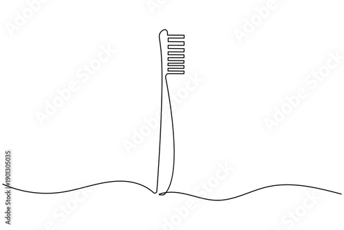 A minimalist vector illustration of a toothbrush created using a single continuous line drawing style on a clean white background. Perfect for dental and hygiene themes.