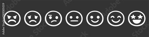 Set of minimalist white emoji icons on a dark background representing various moods from angry to excited for customer satisfaction rating.