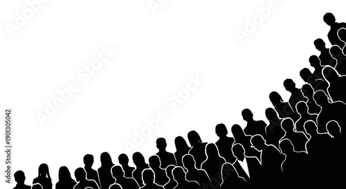 Black and white silhouette illustration depicting a large crowd of people gathered together in a dynamic, rising formation ideal for conceptual designs.