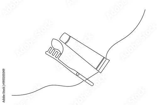 A minimalist vector illustration of a toothbrush created using a single continuous line drawing style on a clean white background. Perfect for dental and hygiene themes.