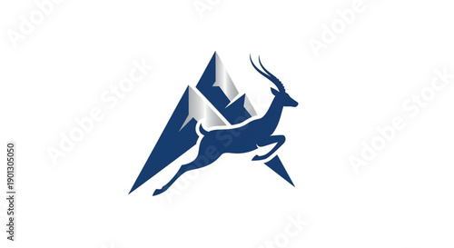 A dynamic logo design featuring a stylized gazelle or antelope leaping gracefully in front of a series of sharp, majestic mountain peaks. The illustration uses a clean, modern aesthetic.