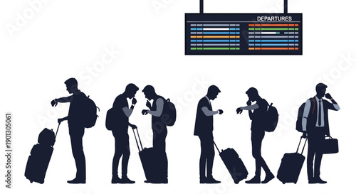 Silhouettes of diverse male travelers anxiously checking wristwatches while waiting near an airport departures board with luggage.
