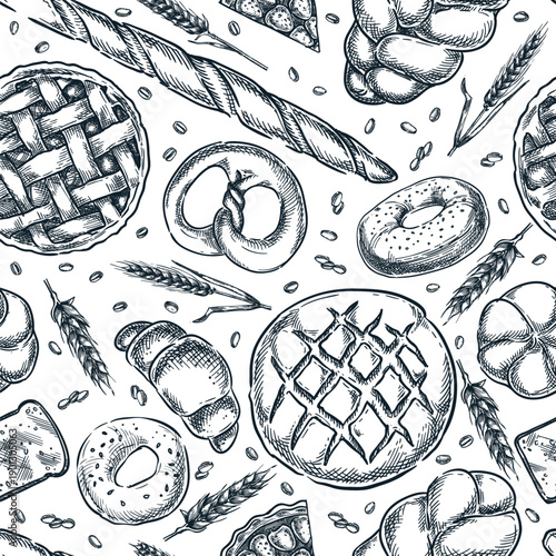 Seamless pattern with baking bread, donuts, croissant. Vector hand drawn sketch background for bakery, pastry package