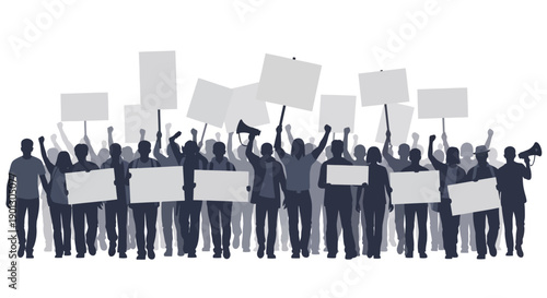 Silhouette of a diverse group of protestors marching forward holding blank signs, raising fists, and utilizing a megaphone for demonstration purposes.