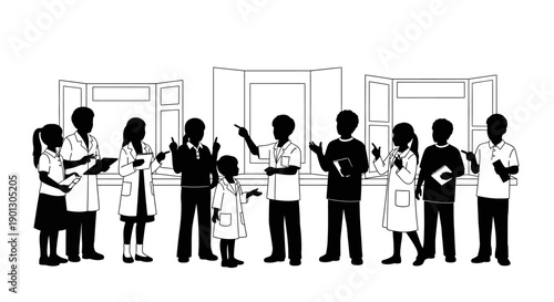 Diverse group of young students and instructors presenting scientific research projects at a competitive science fair exhibition with display boards.