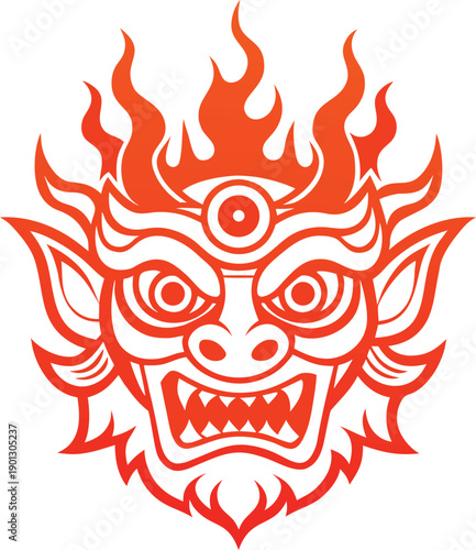 Fiery Demon Head with Flames on White Background