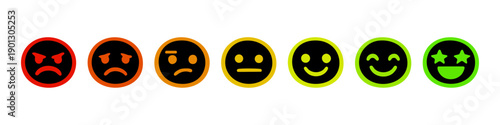 A scale of seven colorful emoji face icons representing emotions from angry to very happy for customer satisfaction surveys and feedback ratings.