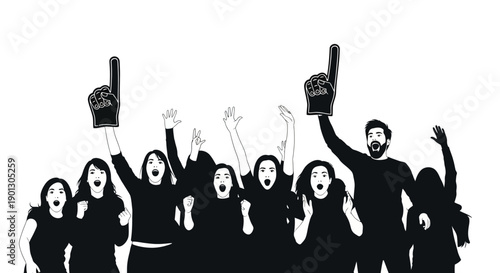 Enthusiastic crowd cheering loudly with raised hands and foam fingers celebrating a major victory in a high-energy event atmosphere