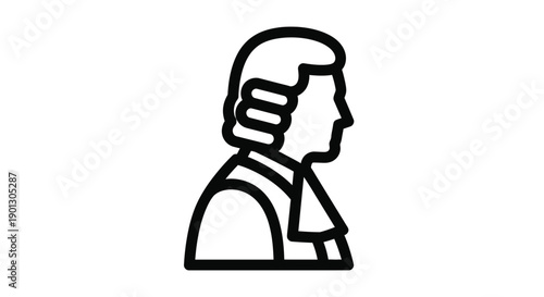 Simple black and white line drawing of a man in a historical wig and coat