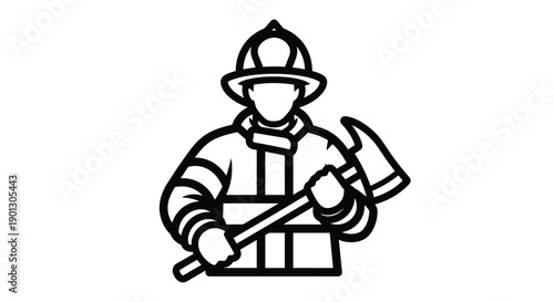 Black and white illustration of a firefighter with equipment
