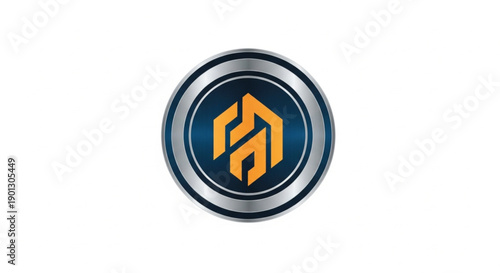 
A premium metallic emblem logo featuring a bold orange geometric monogram set against a deep blue circular backdrop. Enclosed within a brushed silver ring, this 3D design conveys security, innovation