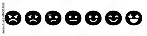 Set of seven emoji icons representing a scale of emotions from angry to excited. Vector line art icons for customer feedback and sentiment analysis.