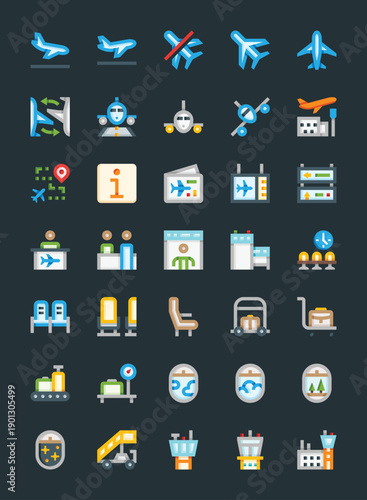 Airport and air travel icons set