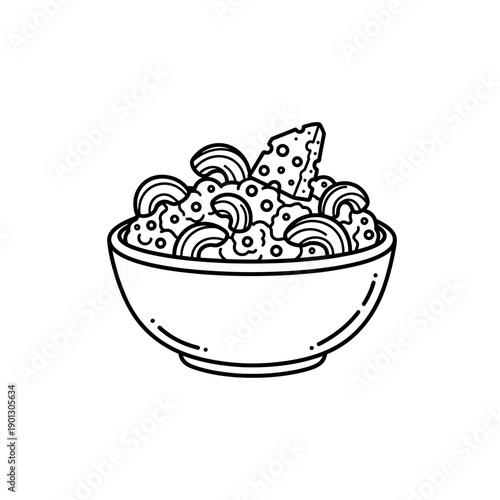 Mac and cheese bowl illustration in minimalist line style in black and white representing comfort food meal with copy space