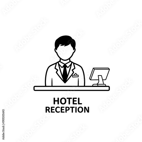 Hotel reception clerk with professional mood assisting guests at front desk against service counter background with copy space, HOTEL RECEPTION words + concept
