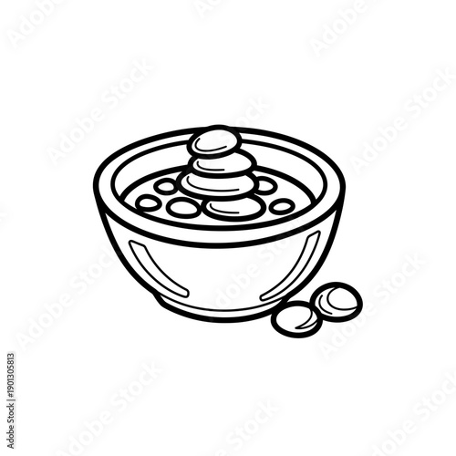 Foot bath bowl with stones illustration in minimalist line style in black and white representing spa relaxation therapy with copy space