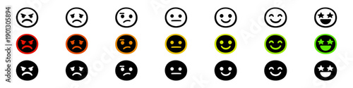 Set of seven emoji icons representing a scale of emotions from angry to excited. Vector line art icons for customer feedback and sentiment analysis.