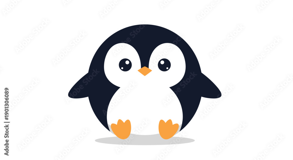 Obraz premium Adorable round baby penguin character with a small orange beak and feet sits comfortably on a soft shadow against a white background.