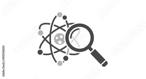 Magnifying glass examining atomic structure illustration.