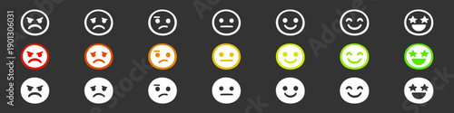 Set of minimalist white emoji icons on a dark background representing various moods from angry to excited for customer satisfaction rating.