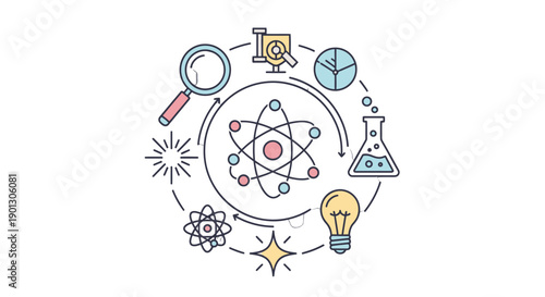 Science and Research Icons in Atomic Structure.