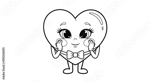 Sweet heart character with big eyes and a bow tie is blushing while touching its cheeks in a cute black and white coloring page outline.