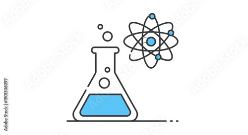 Simple line art illustration of a conical flask and atomic structure.