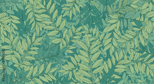 Densely packed seamless pattern of various green tree leaves creating a lush and vibrant forest foliage texture for nature backgrounds.