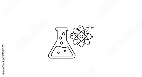 Simple Line Drawing of Laboratory Equipment and Atomic Structure.