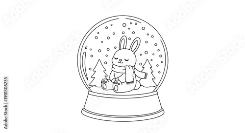 Line art drawing of a cute rabbit wearing a scarf sitting inside a snow globe with pine trees and falling snowflakes.