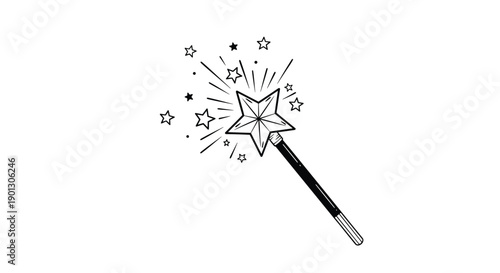 Magic wand sketch with stars and sparkles radiating from the tip, hand-drawn in a simple black and white line art style.